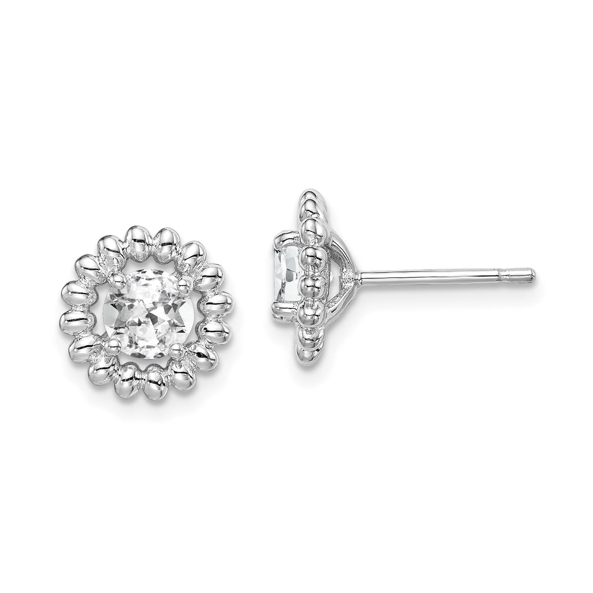 Sterling Silver Stud Earrings with Square White Topaz and Beaded Floral Halo Design