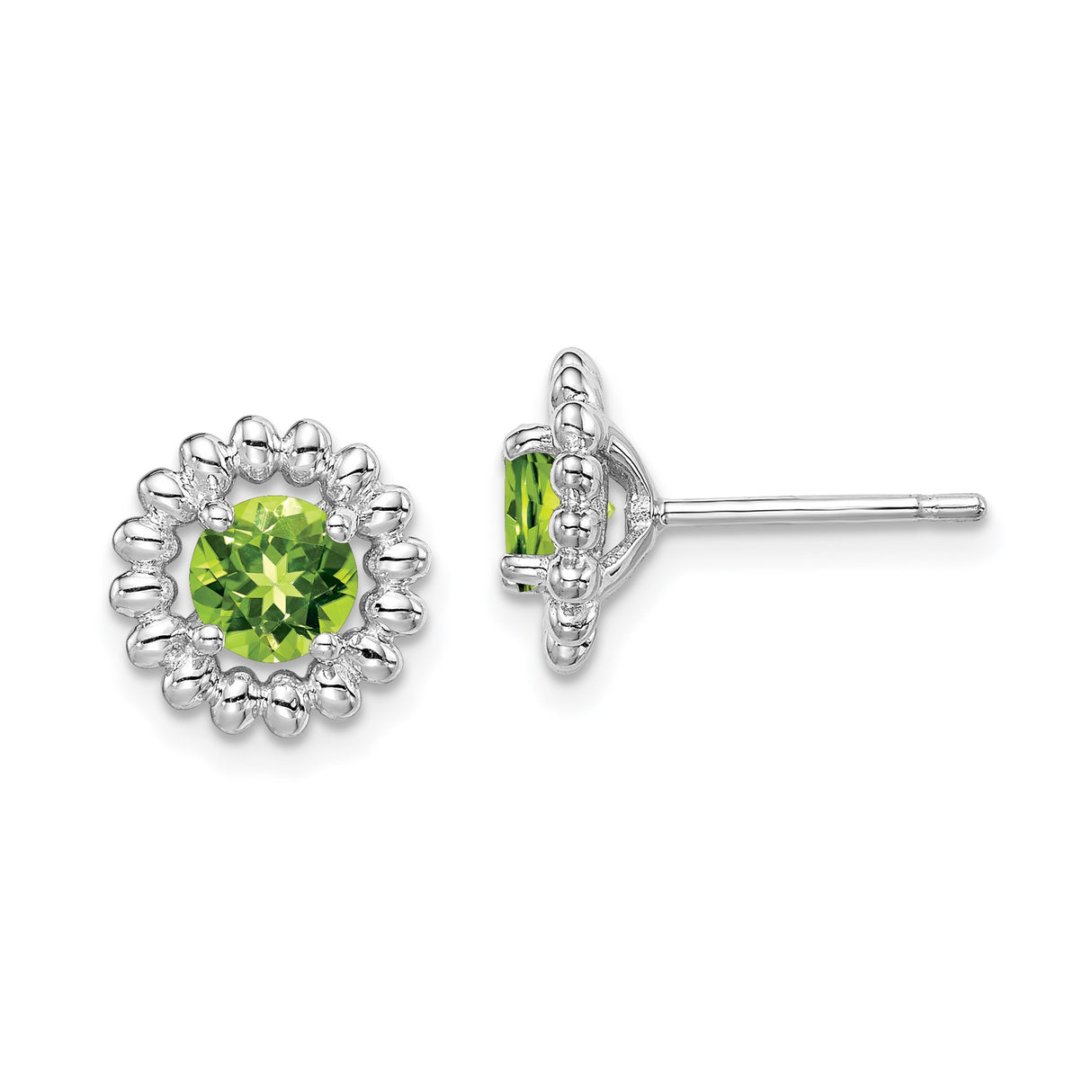 Sterling Silver Stud Earrings with Peridot in Round Faceted Beaded Halo Floral Design