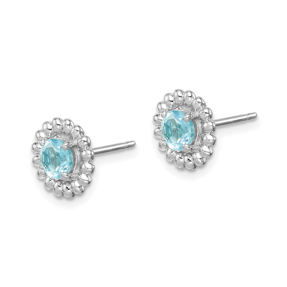 Sterling Silver Stud Earrings with Swiss Blue Topaz in Beaded Halo Setting