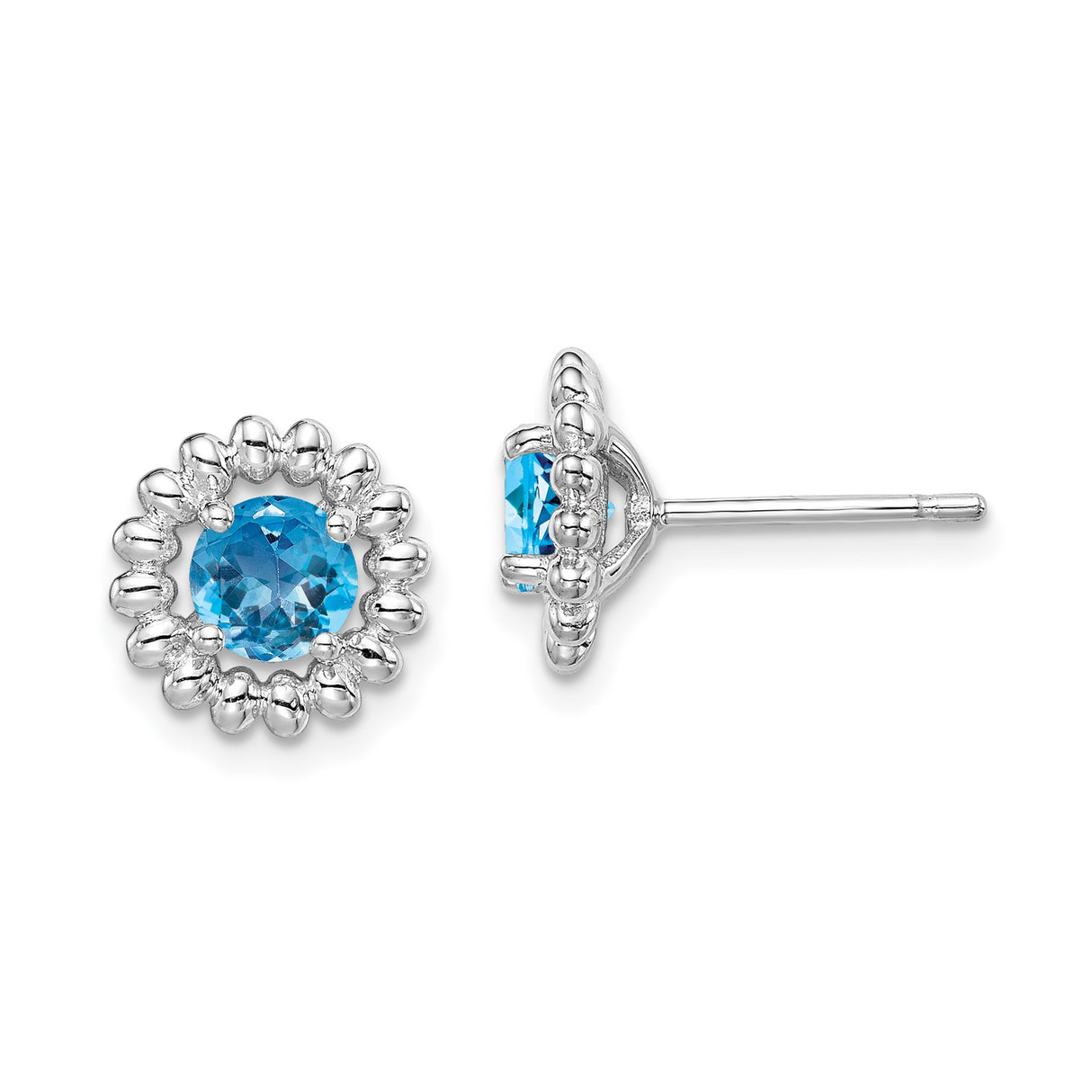 Sterling Silver Stud Earrings with Swiss Blue Topaz in Beaded Halo Setting