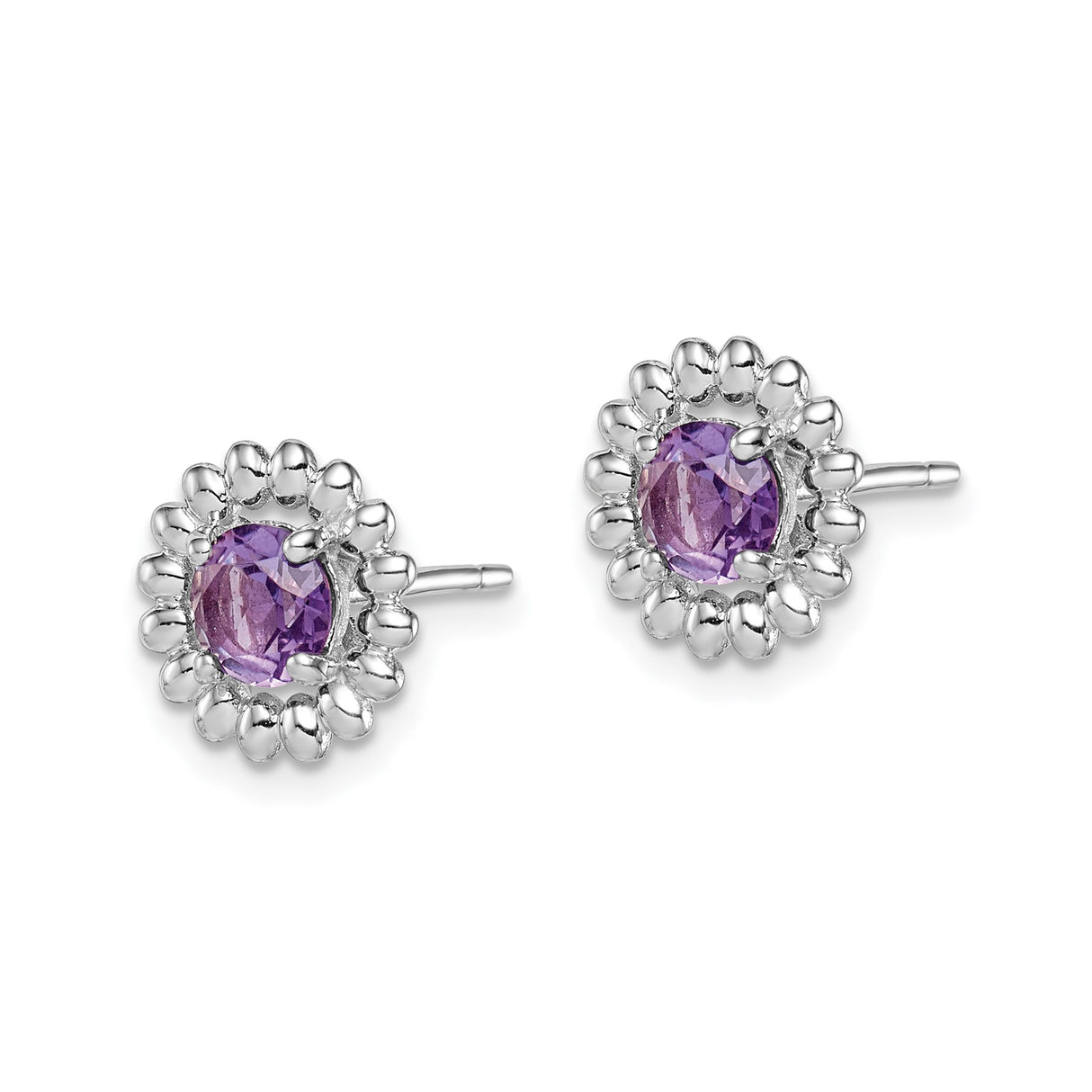 Sterling Silver Stud Earrings with Round Amethyst in Beaded Floral Halo Design