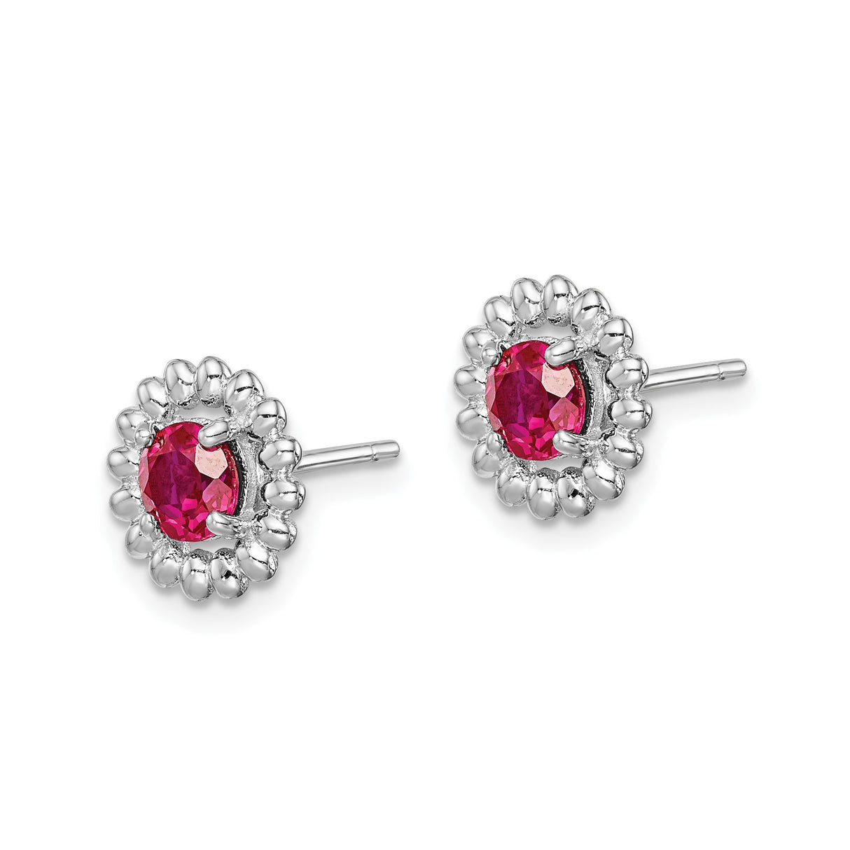 Sterling Silver Stud Earrings with Lab Created Ruby in Beaded Halo Setting