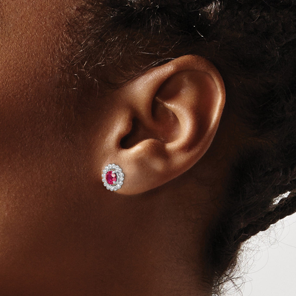 Sterling Silver Stud Earrings with Lab Created Ruby in Beaded Halo Setting