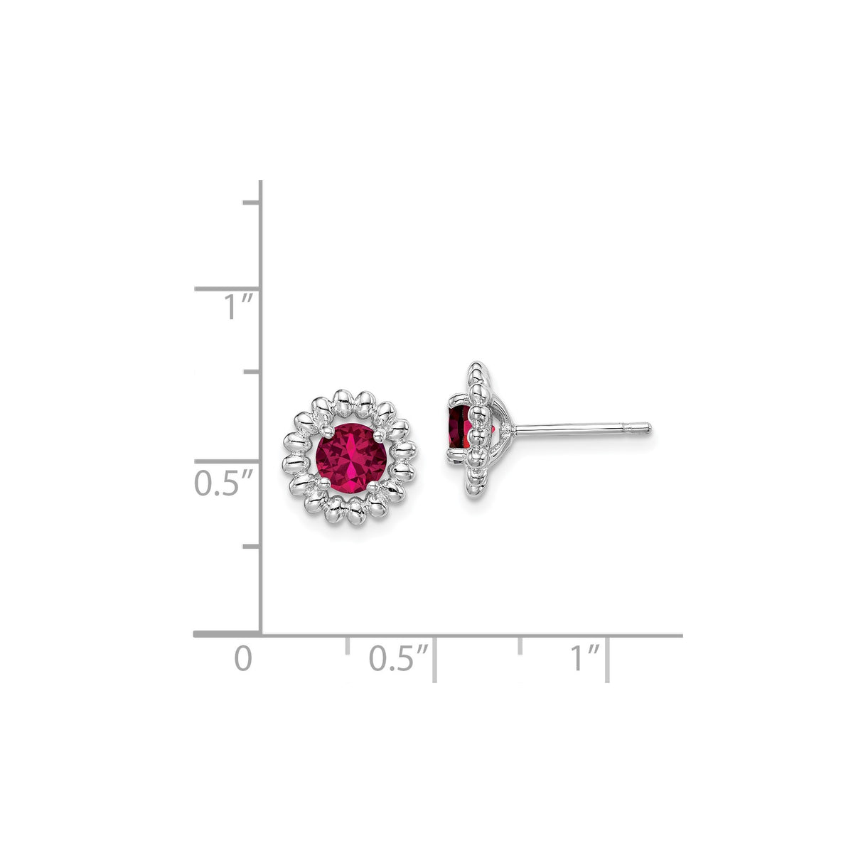 Sterling Silver Stud Earrings with Lab Created Ruby in Beaded Halo Setting