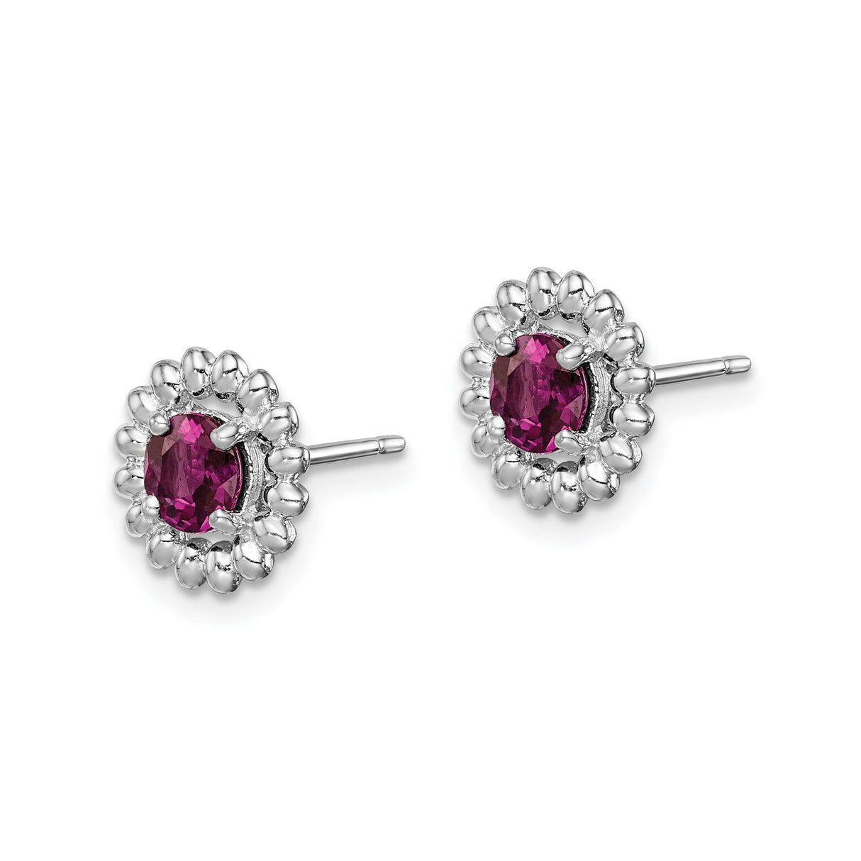 Sterling Silver Stud Earrings with Rhodolite Garnet in Beaded Frame, Classic Womens Jewelry