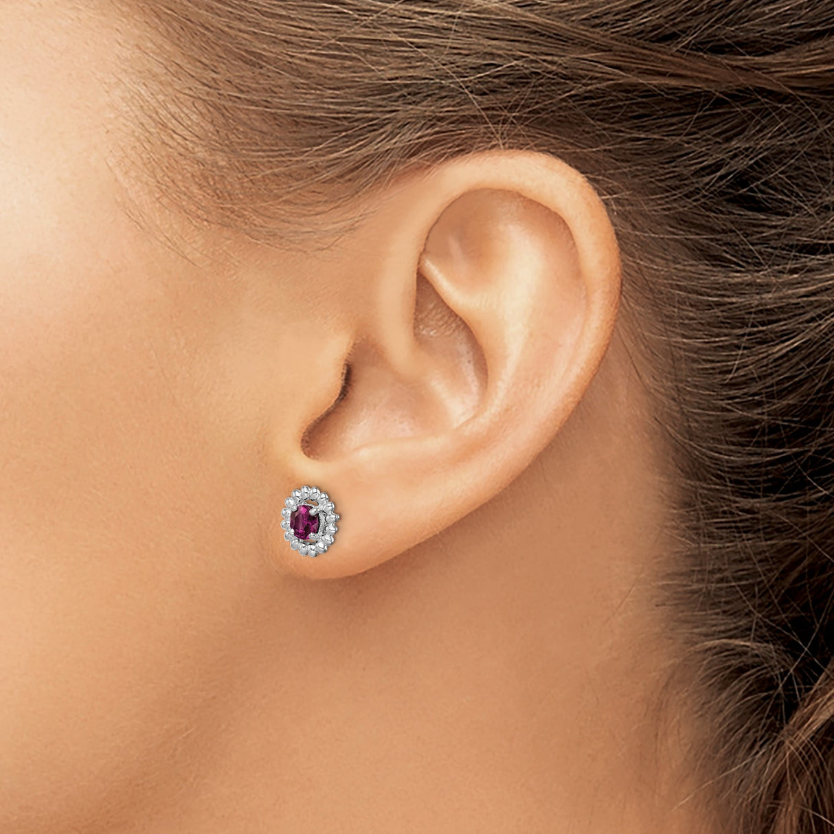 Sterling Silver Stud Earrings with Rhodolite Garnet in Beaded Frame, Classic Womens Jewelry