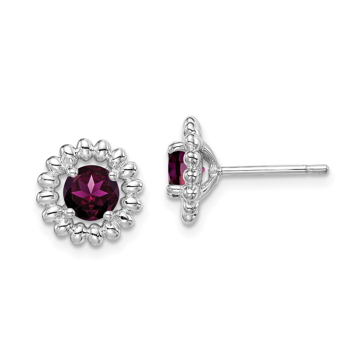 Sterling Silver Stud Earrings with Rhodolite Garnet in Beaded Frame, Classic Womens Jewelry