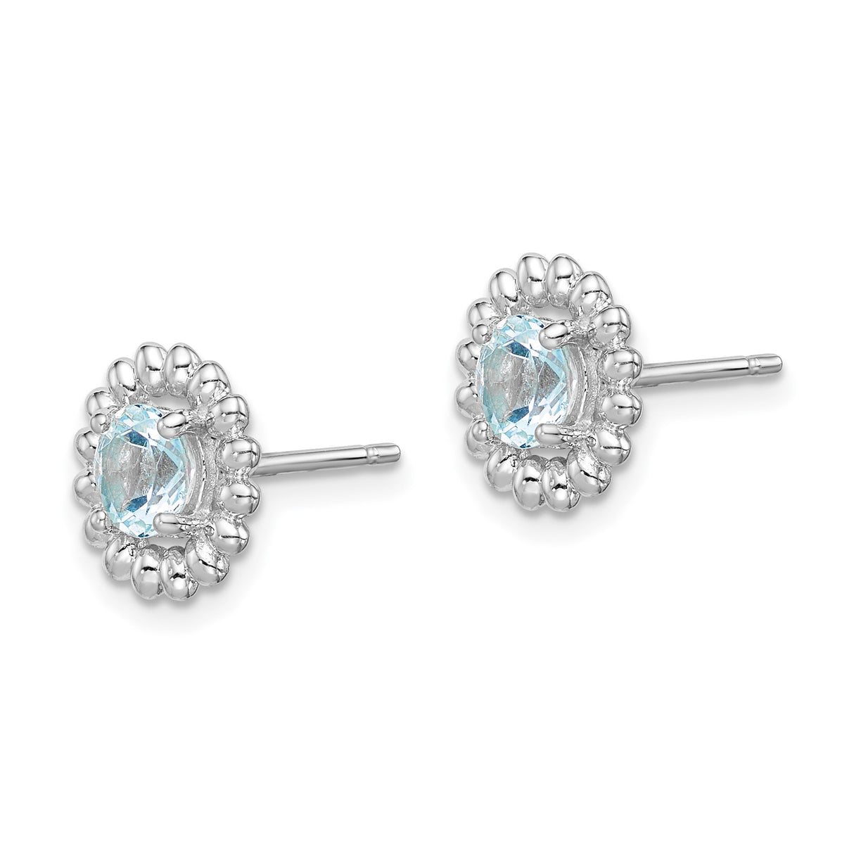 Sterling Silver Stud Earrings with Aquamarine in Floral Beaded Halo Setting