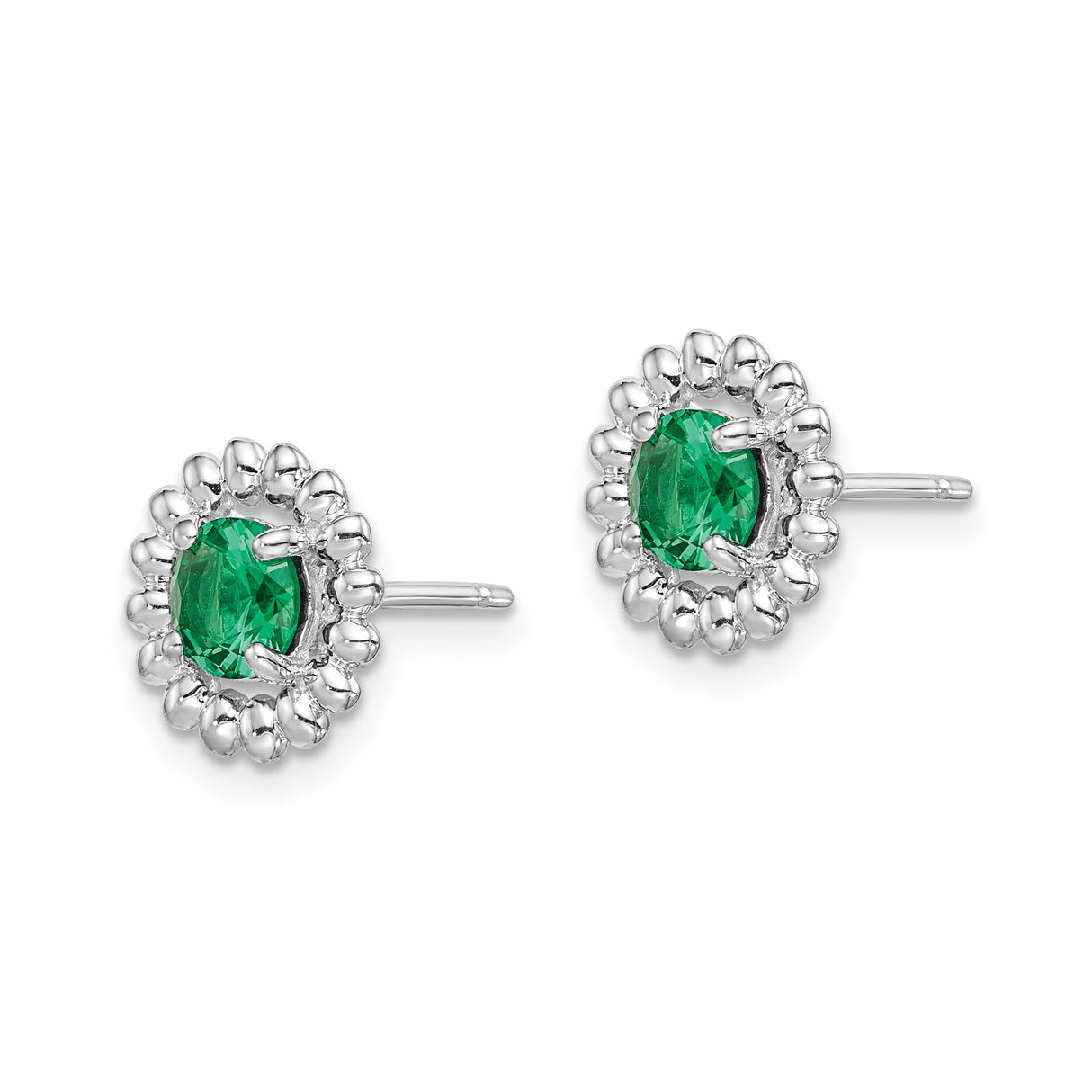 Sterling Silver Stud Earrings with Created Emerald in Beaded Floral Halo Setting