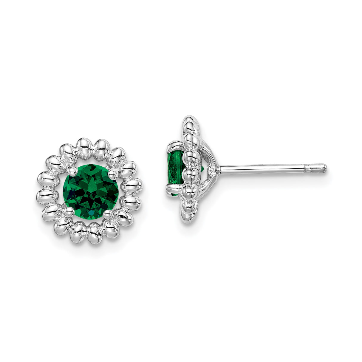 Sterling Silver Stud Earrings with Created Emerald in Beaded Floral Halo Setting