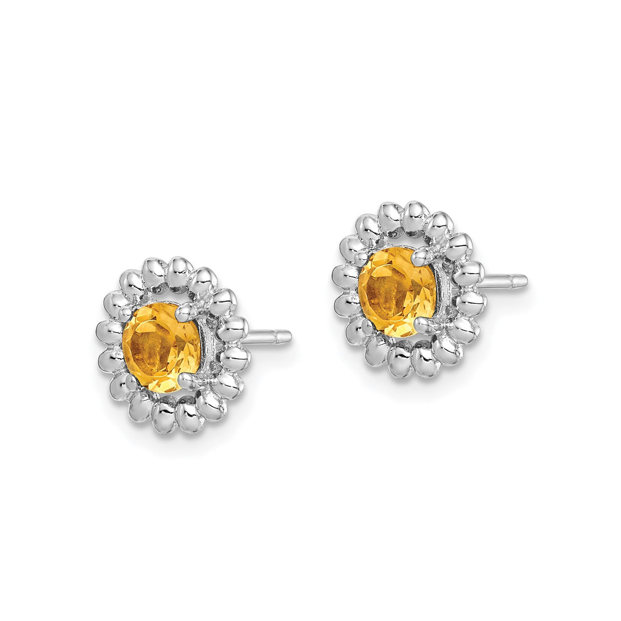 Sterling Silver Stud Earrings with Citrine in Beaded Floral Halo Sun Motif Design