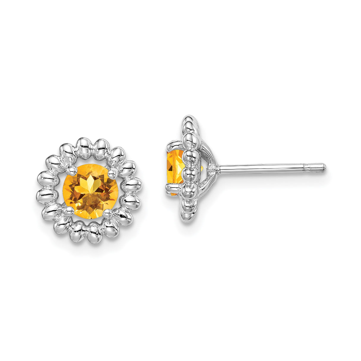 Sterling Silver Stud Earrings with Citrine in Beaded Floral Halo Sun Motif Design