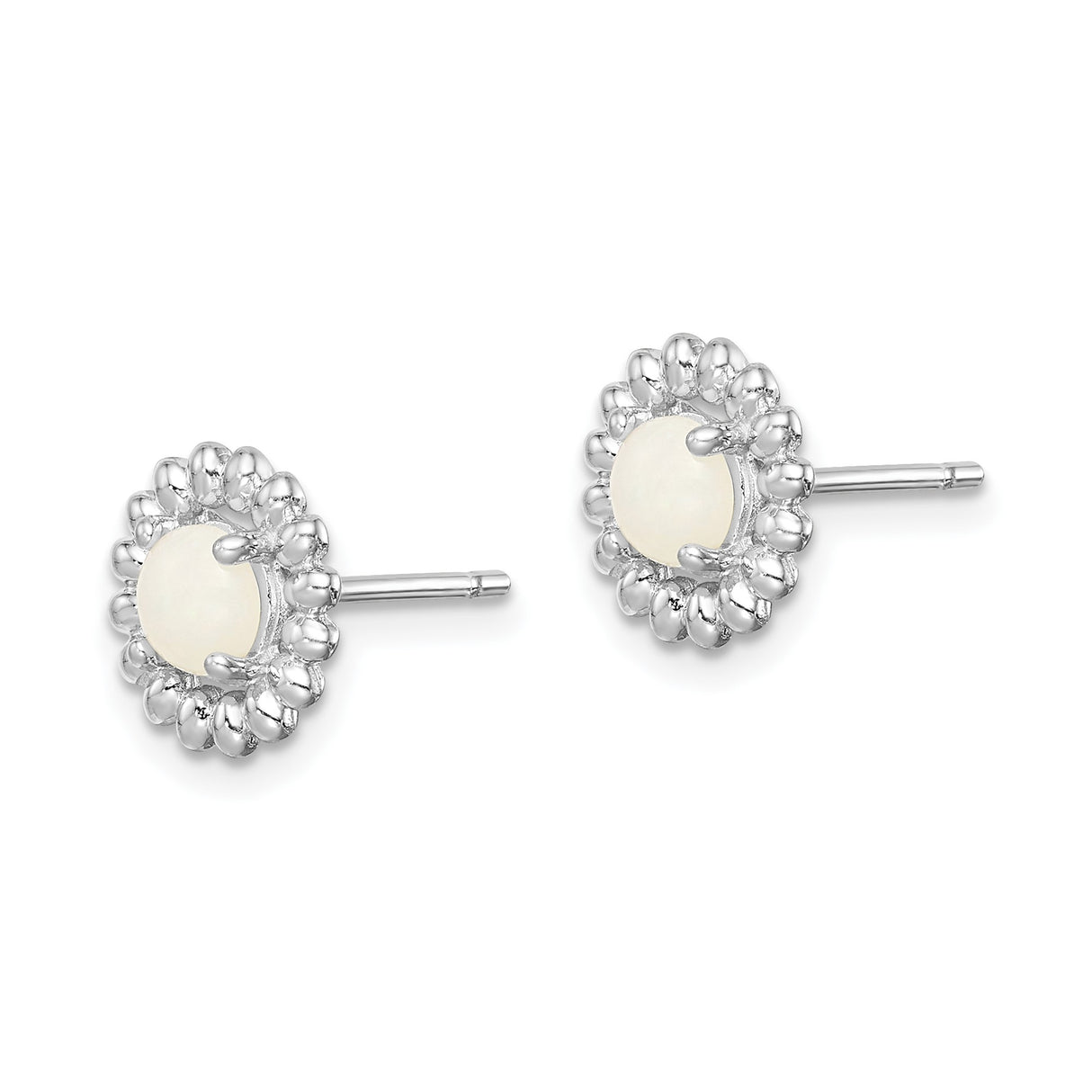 Sterling Silver Floral Stud Earrings with Round Opal Centers, Beaded Minimalist Design