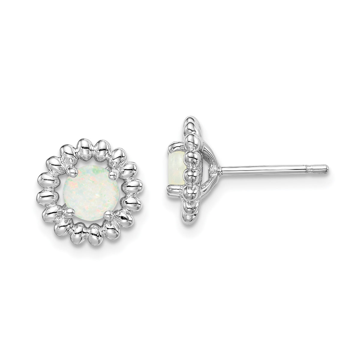 Sterling Silver Floral Stud Earrings with Round Opal Centers, Beaded Minimalist Design