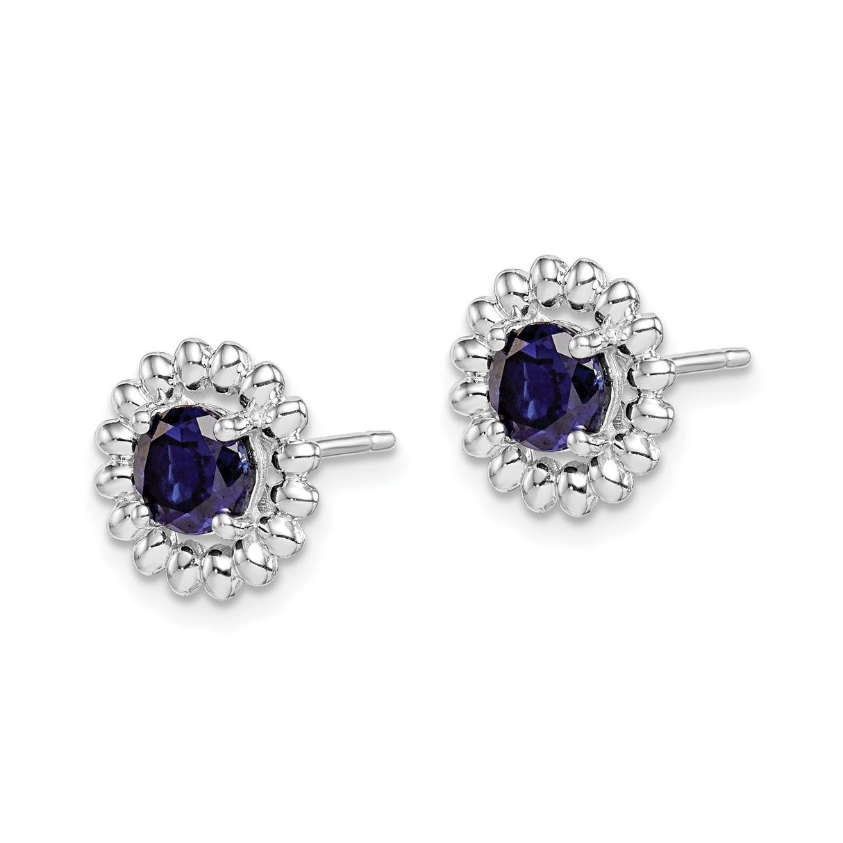 Sterling Silver Stud Earrings with Created Sapphire in Beaded Floral Halo Setting
