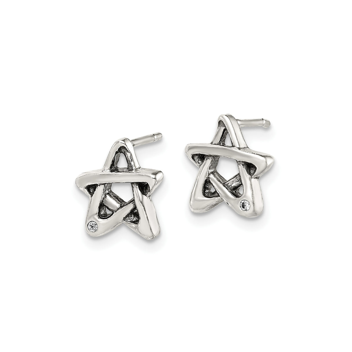 Sterling Silver Star Stud Earrings with Openwork Pentagram and Cubic Zirconia Accent