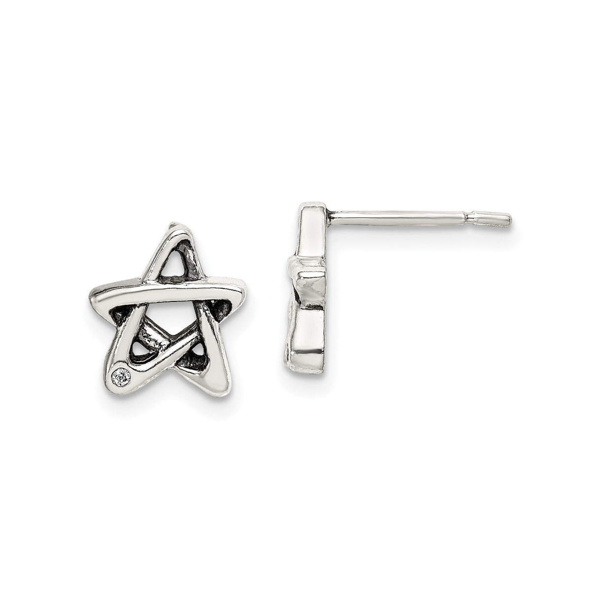 Sterling Silver Star Stud Earrings with Openwork Pentagram and Cubic Zirconia Accent