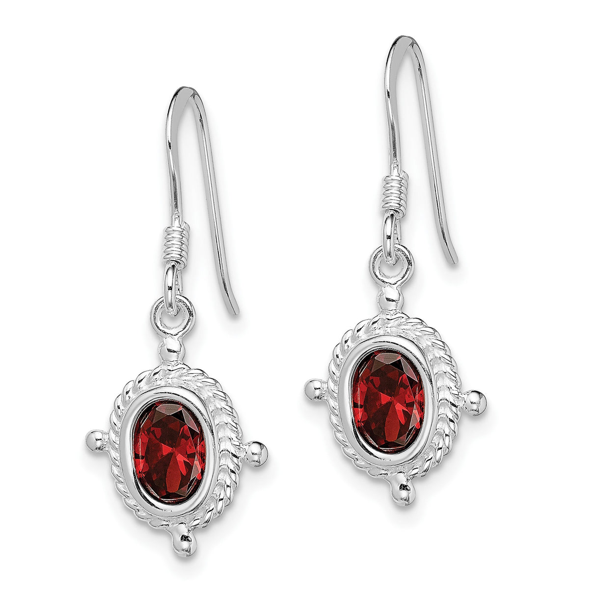 Sterling Silver Dangle Earrings with Garnet, Rope Bezel Setting, Vintage Drop Design