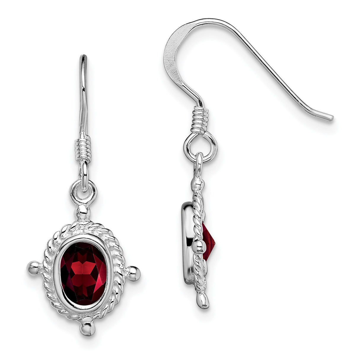 Sterling Silver Dangle Earrings with Garnet, Rope Bezel Setting, Vintage Drop Design