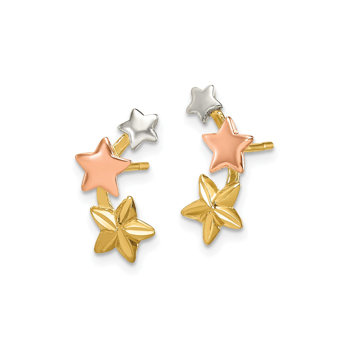 Sterling Silver Star Stud Earrings, Tri-Color Rose, White, and Yellow Gold-Plated Cluster Design