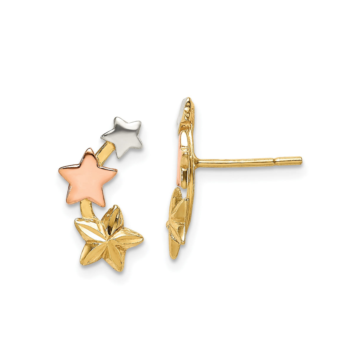 Sterling Silver Star Stud Earrings, Tri-Color Rose, White, and Yellow Gold-Plated Cluster Design