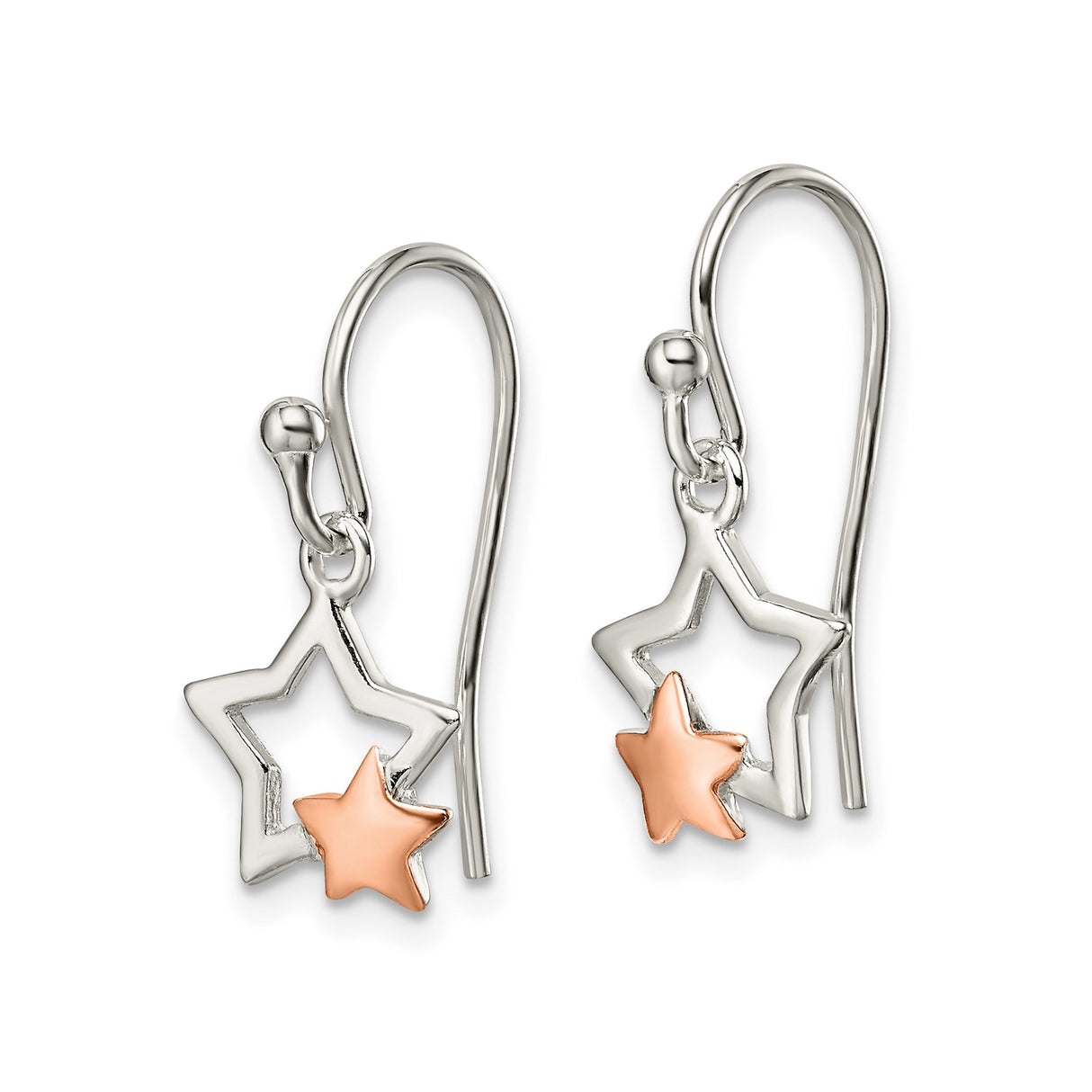 Sterling Silver Dangle Earrings with Rose Gold Tone Double Open Star Design for Women