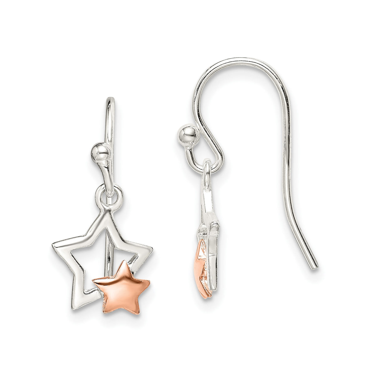 Sterling Silver Dangle Earrings with Rose Gold Tone Double Open Star Design for Women