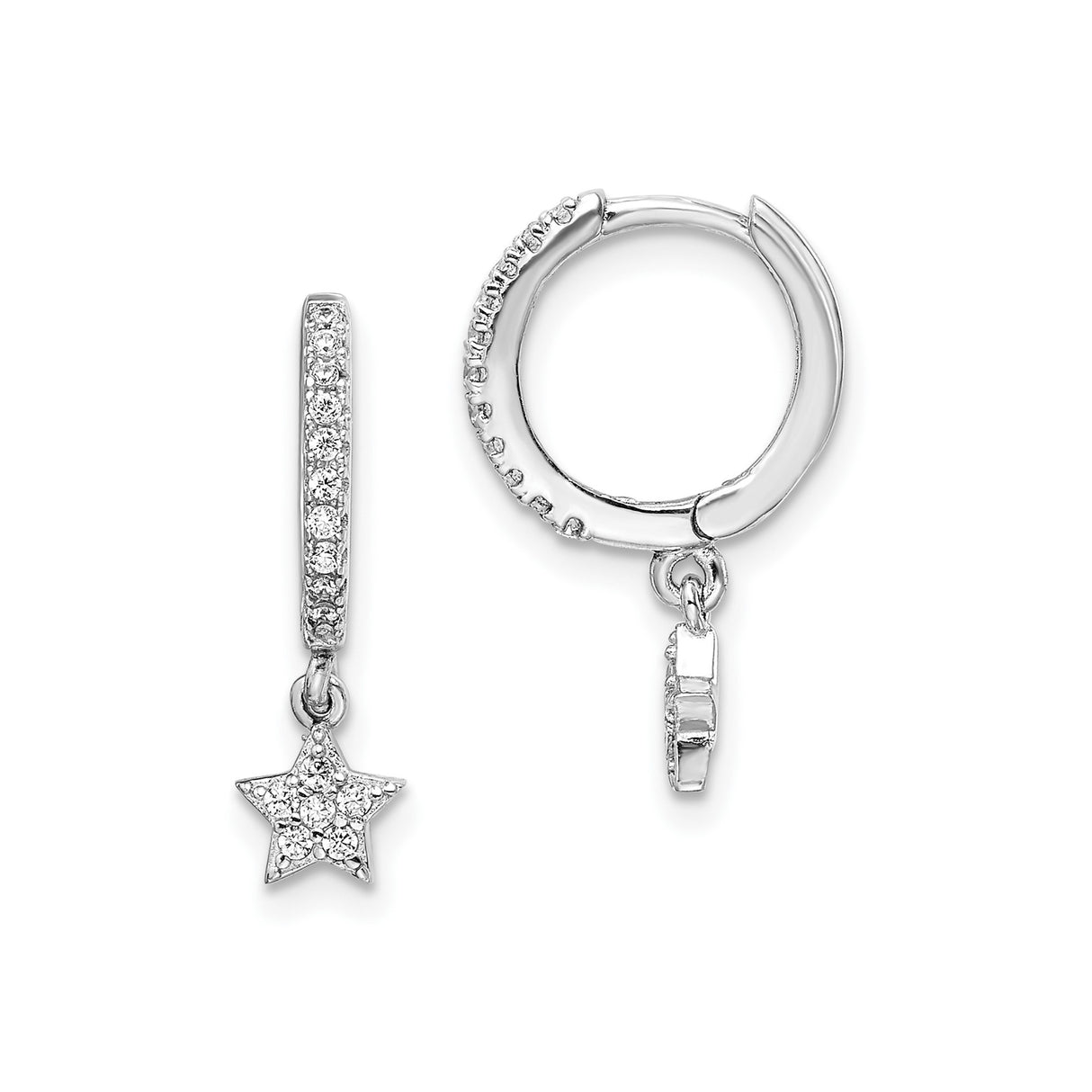 Sterling Silver Hoop Earrings with Dangling Star Charm, Cubic Zirconia Accent, Celestial Style