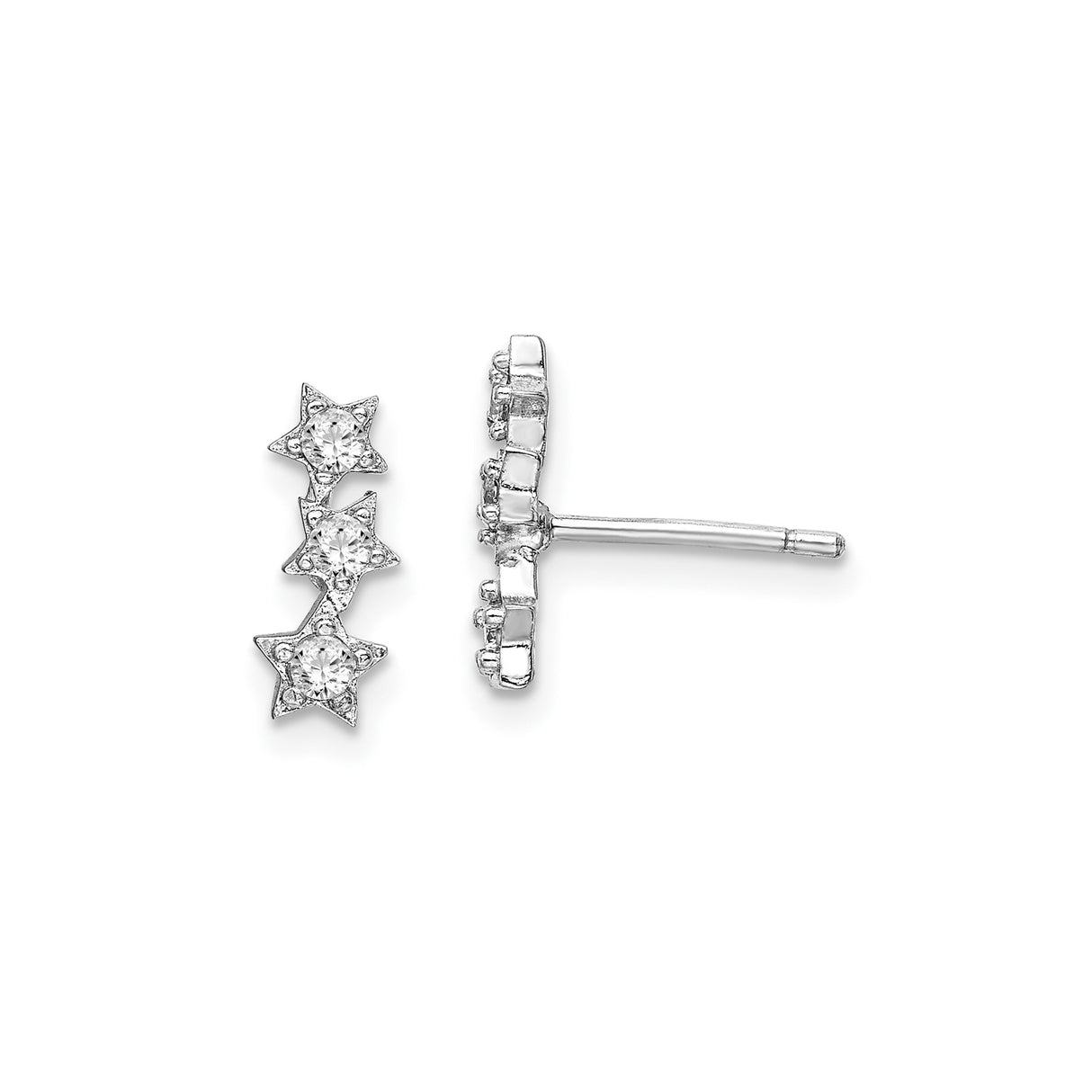 Sterling Silver Star Climber Earrings with Cubic Zirconia, Triple Star Celestial Design
