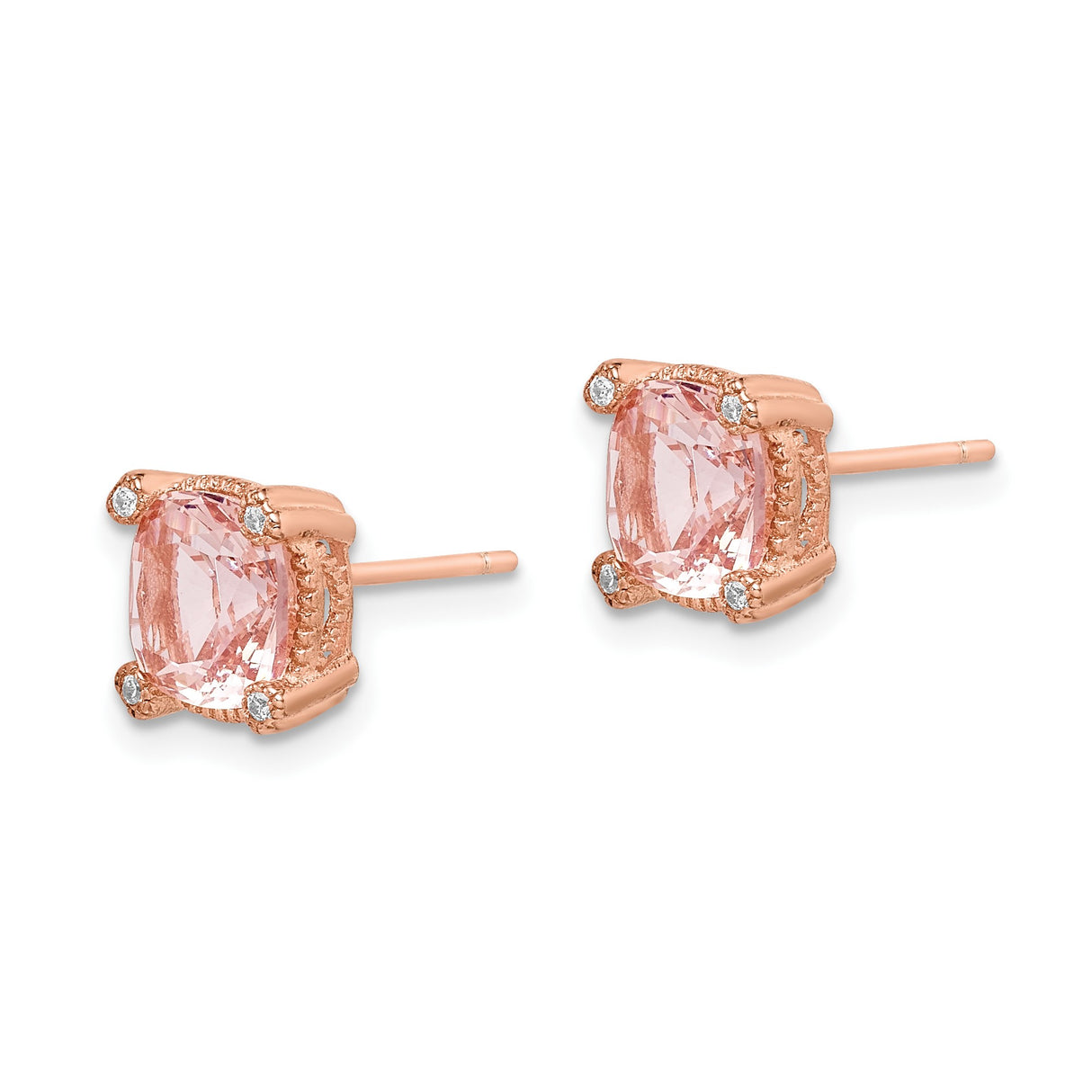 Sterling Silver Stud Earrings with Cushion Cut Pink Crystal and Cubic Zirconia Accents