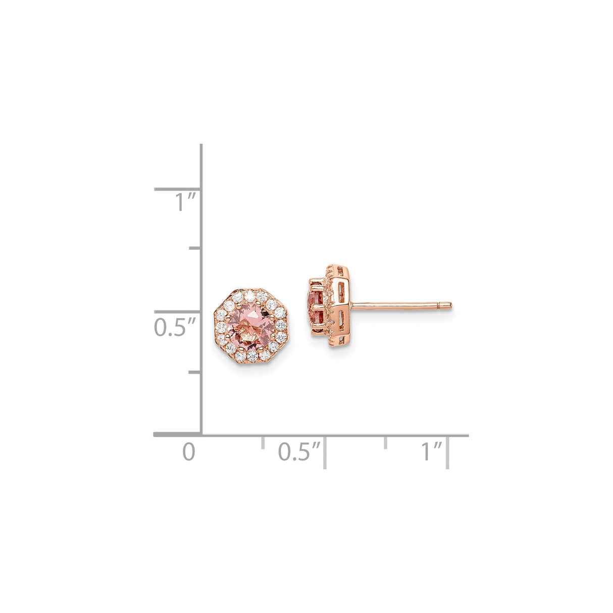 Sterling Silver Stud Earrings with Pink Stone and Cubic Zirconia Halo in Octagon Setting