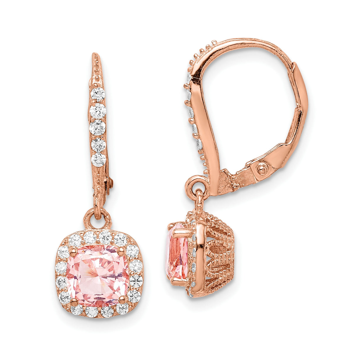 Sterling Silver Halo Drop Earrings with Pink Crystal and Cubic Zirconia Accents, Leverback Design