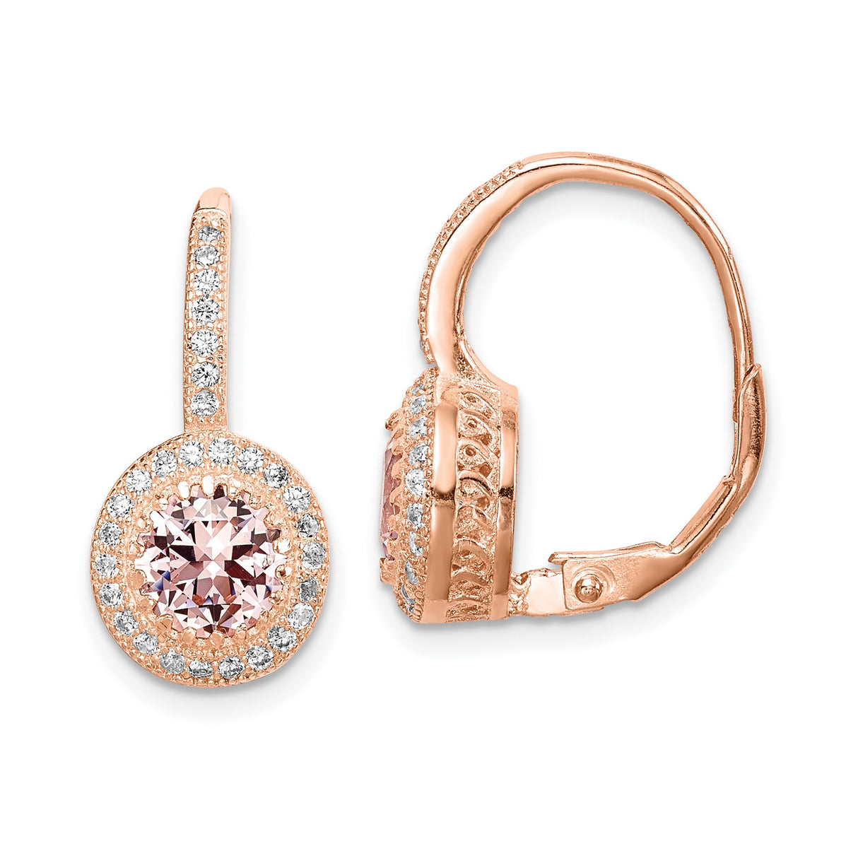 Sterling Silver Leverback Drop Earrings with Pink Crystal and Cubic Zirconia Halo
