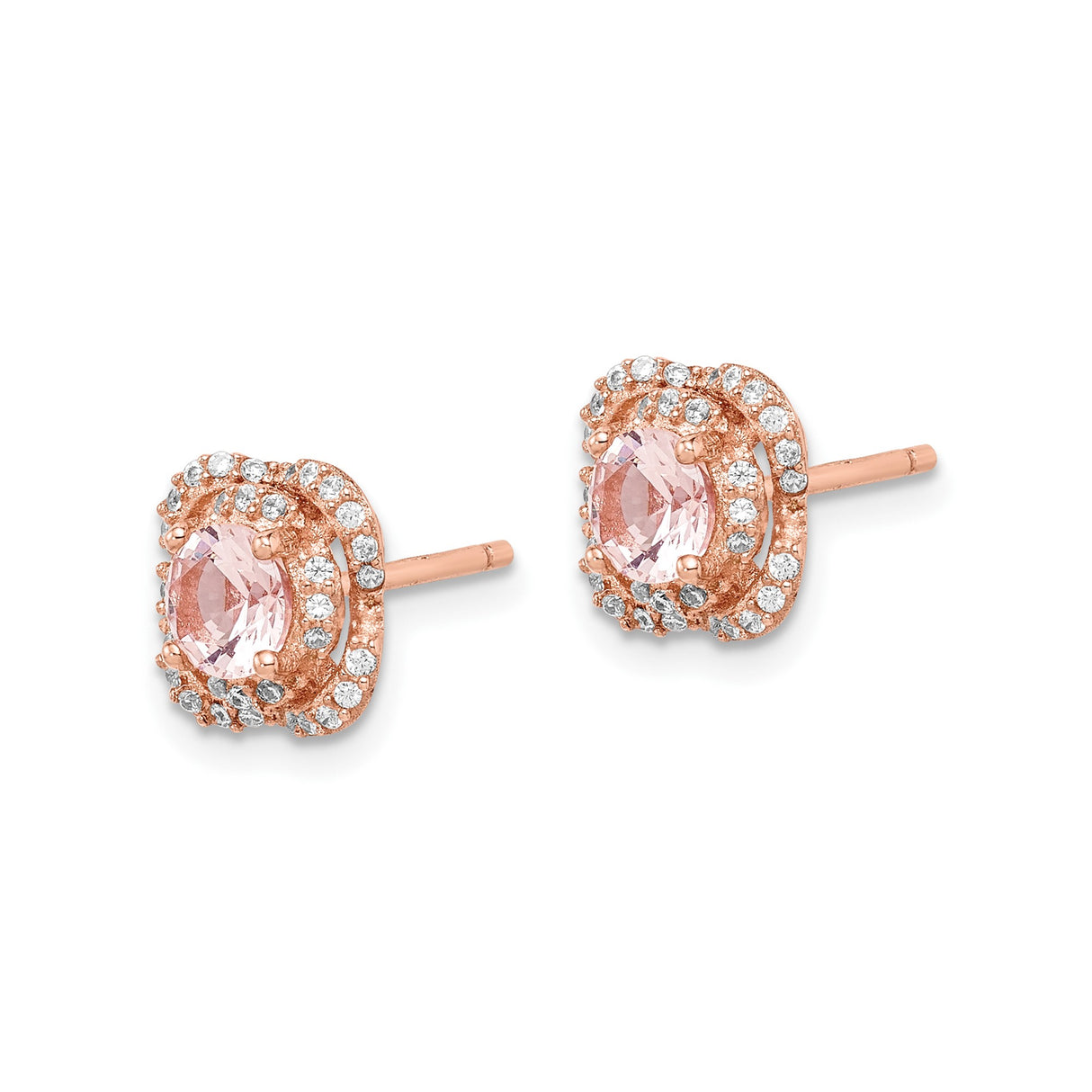 Sterling Silver Stud Earrings with Cushion Cut Pink Crystal and Cubic Zirconia Halo, Floral Style