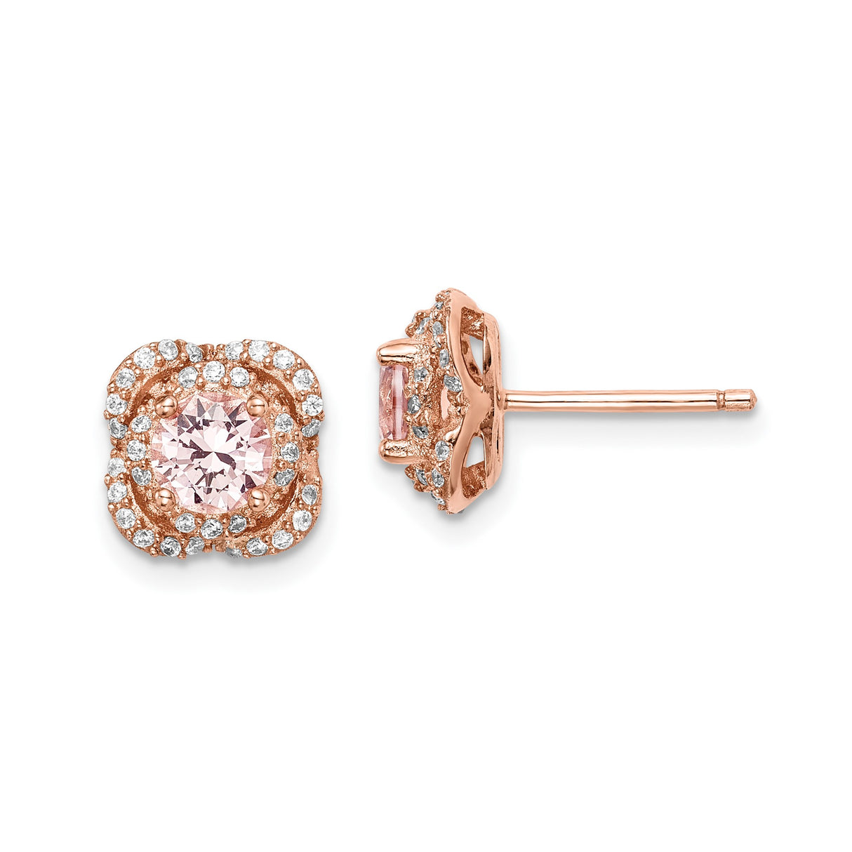 Sterling Silver Stud Earrings with Cushion Cut Pink Crystal and Cubic Zirconia Halo, Floral Style