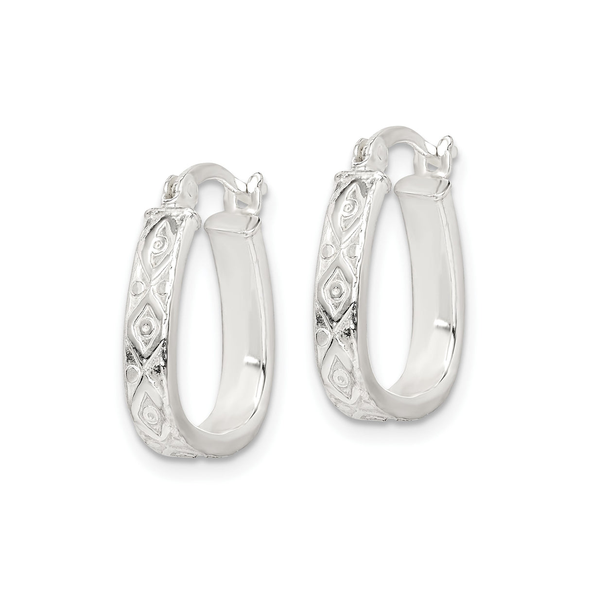 Sterling Silver Hoop Earrings with Carved Geometric Pattern, Tribal Inspired Boho Style for Women