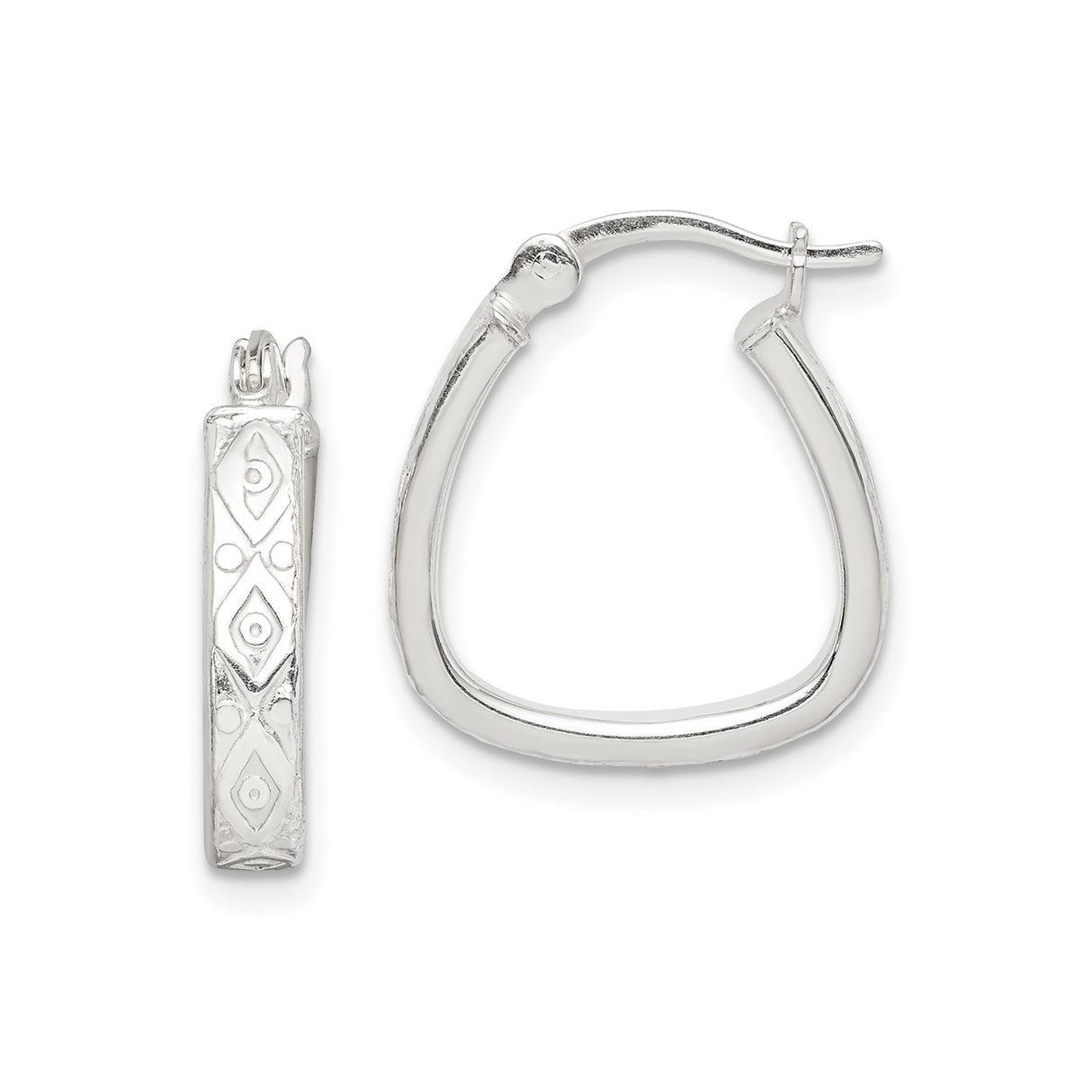 Sterling Silver Hoop Earrings with Carved Geometric Pattern, Tribal Inspired Boho Style for Women