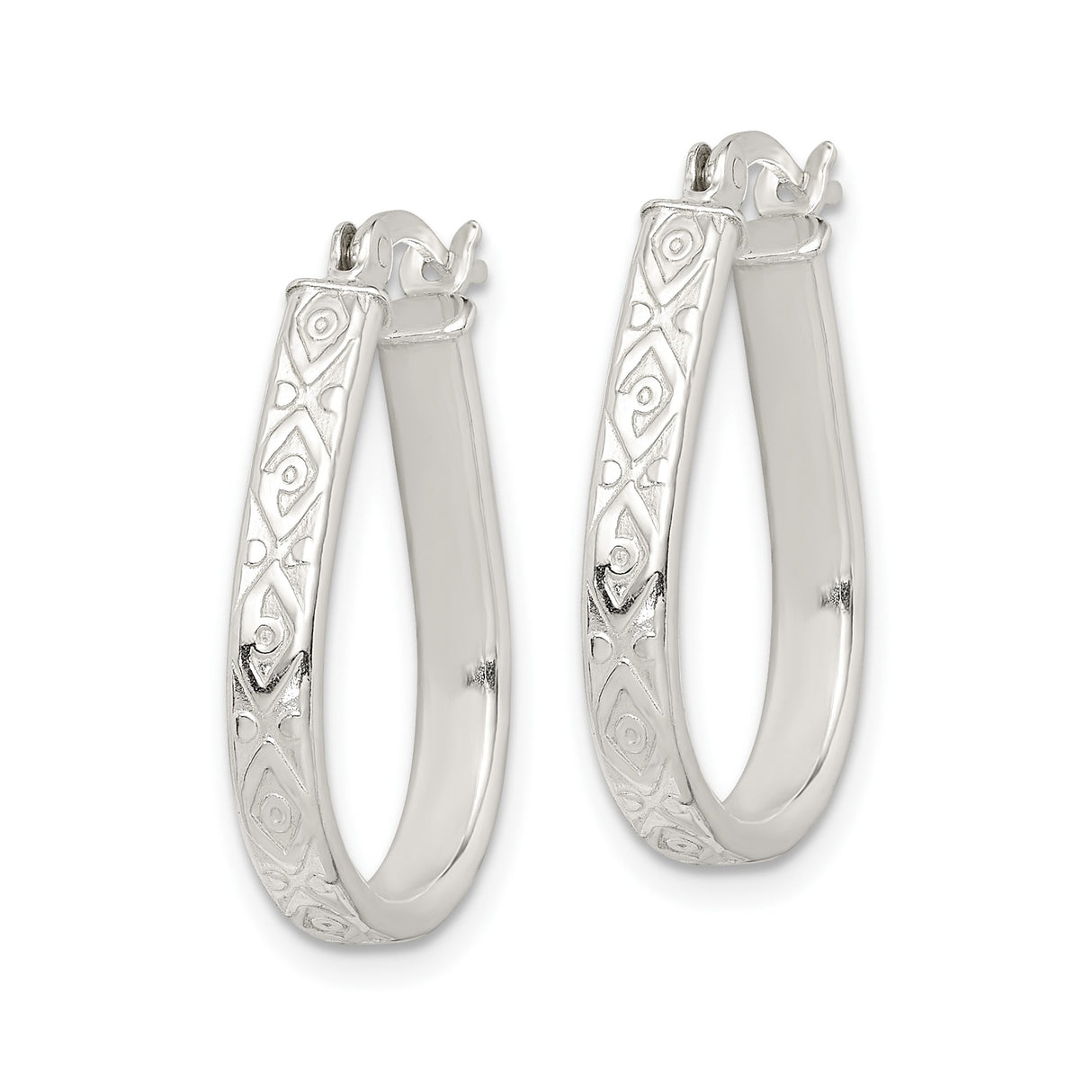 Sterling Silver Teardrop Hoop Earrings with Geometric Swirl Pattern, Tribal Boho Style