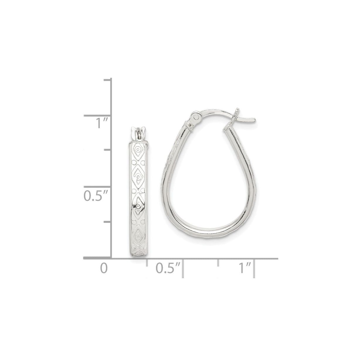 Sterling Silver Teardrop Hoop Earrings with Geometric Swirl Pattern, Tribal Boho Style