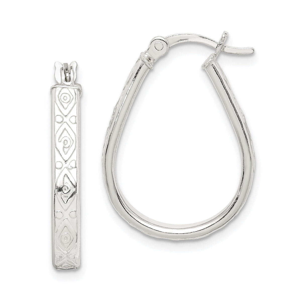 Sterling Silver Teardrop Hoop Earrings with Geometric Swirl Pattern, Tribal Boho Style