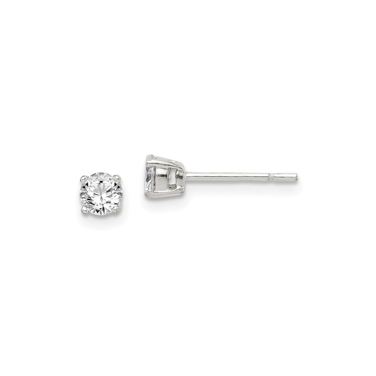 Sterling Silver Stud Earrings with 4mm Round Cubic Zirconia in Four Prong Setting