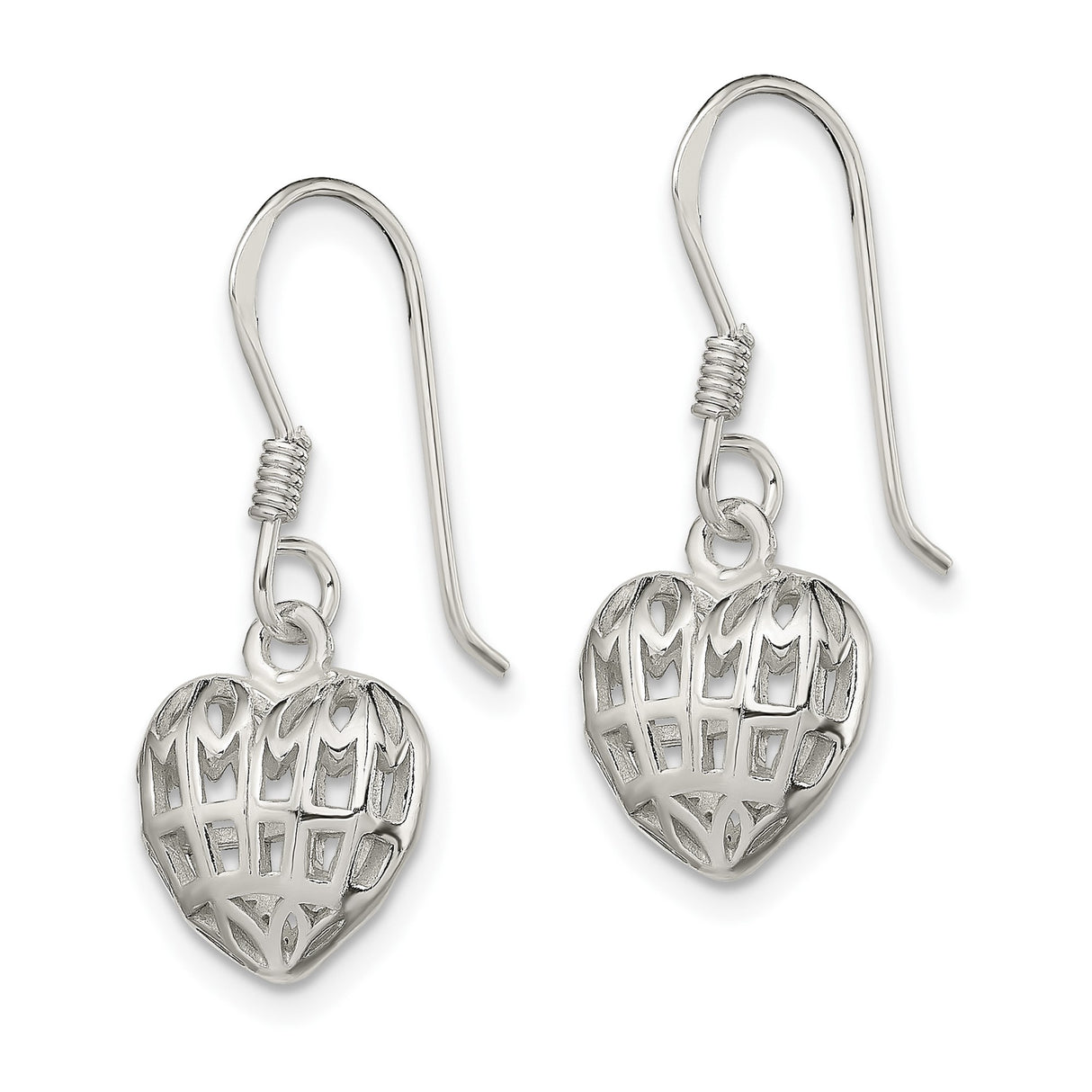 Sterling Silver Dangle Earrings with Openwork Heart and Cross Design, Christian Jewelry for Women