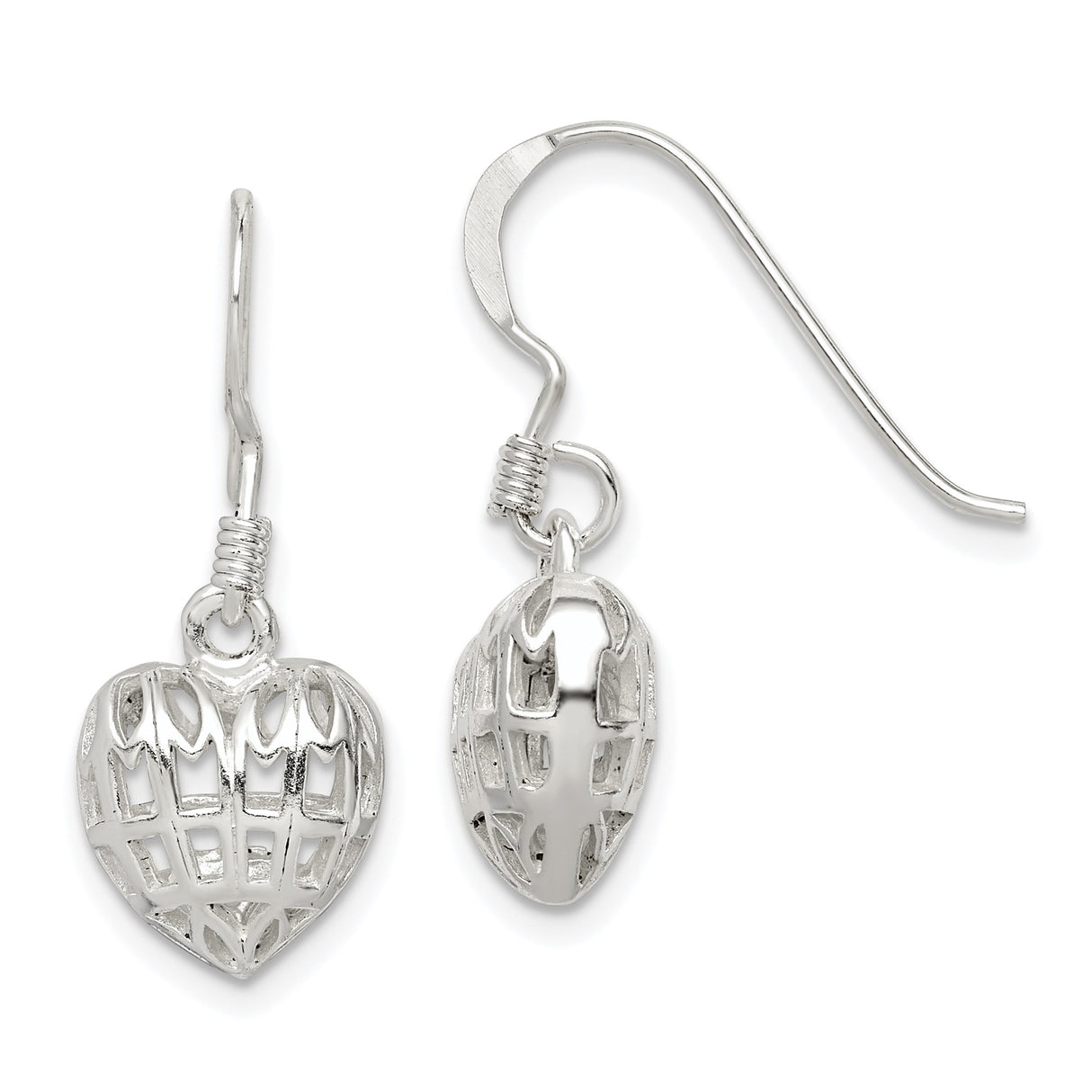 Sterling Silver Dangle Earrings with Openwork Heart and Cross Design, Christian Jewelry for Women