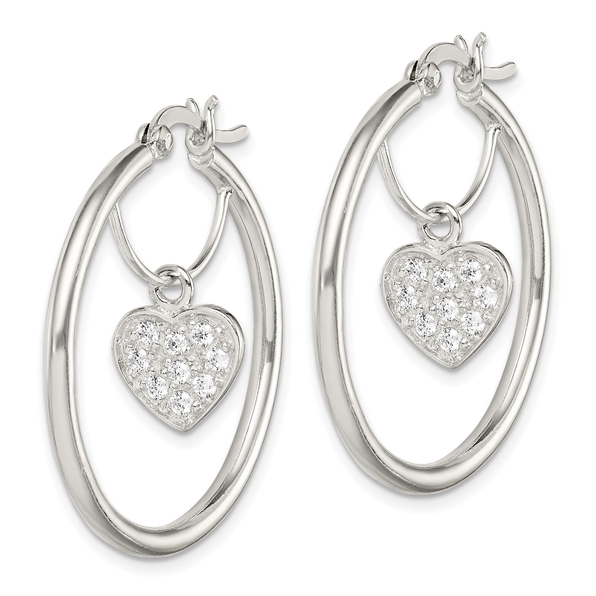 Sterling Silver Hoop Earrings with Dangling Heart Charm and Cubic Zirconia