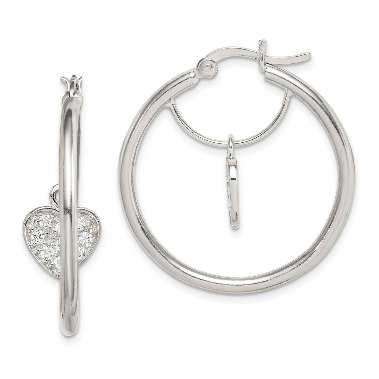 Sterling Silver Hoop Earrings with Dangling Heart Charm and Cubic Zirconia