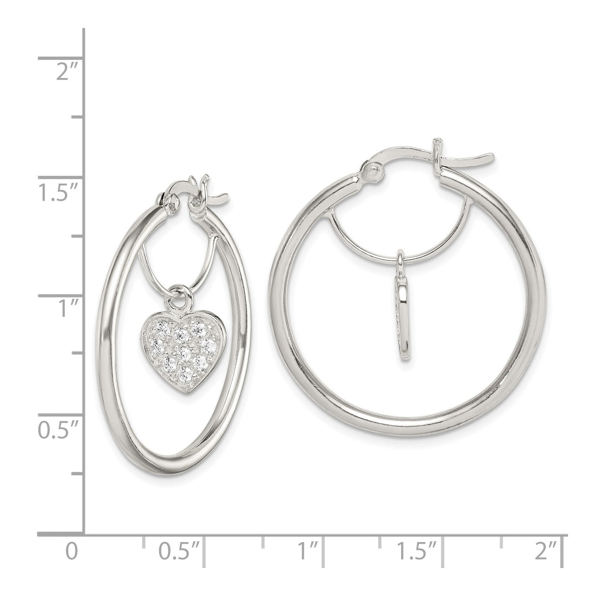 Sterling Silver Hoop Earrings with Dangling Heart Charm and Cubic Zirconia