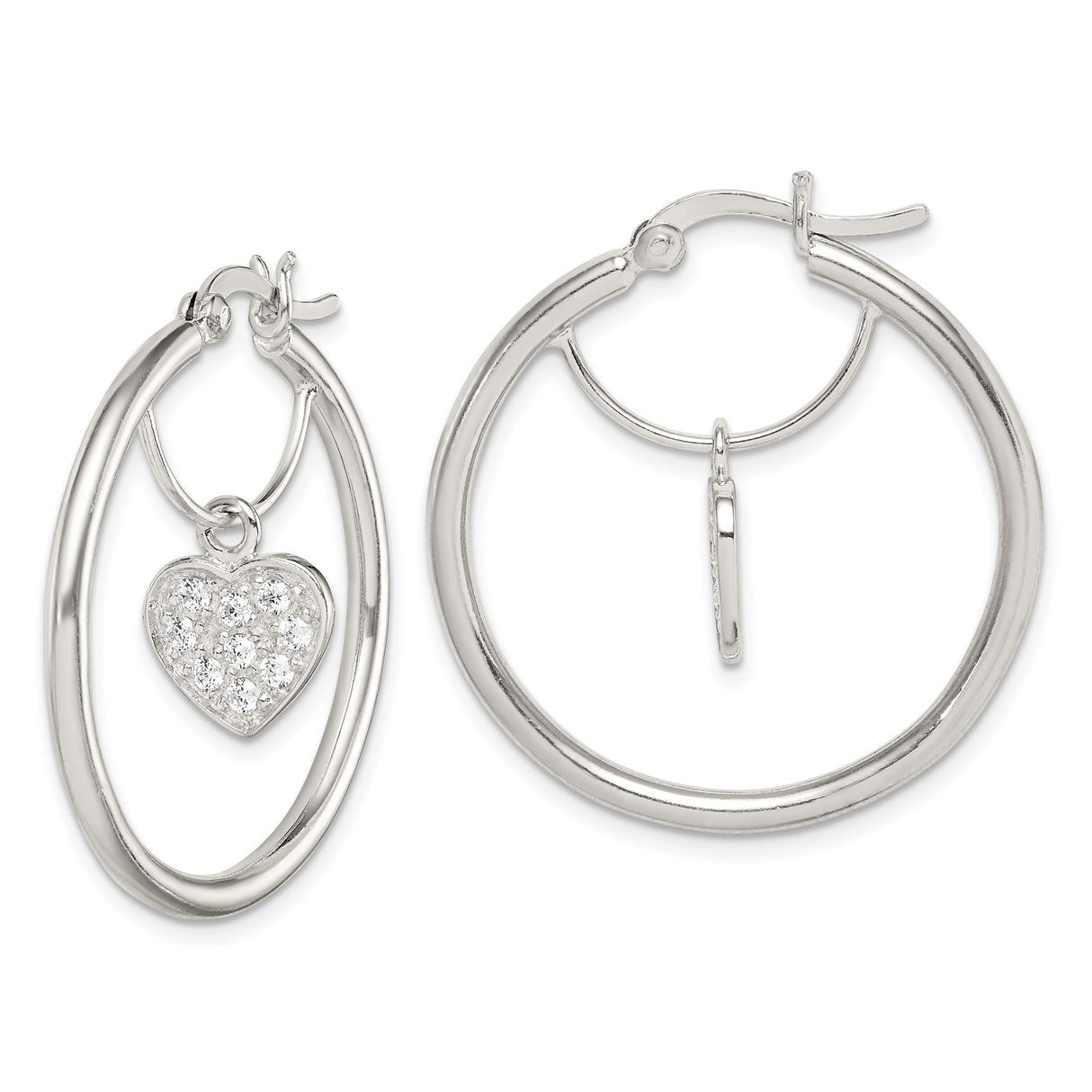Sterling Silver Hoop Earrings with Dangling Heart Charm and Cubic Zirconia