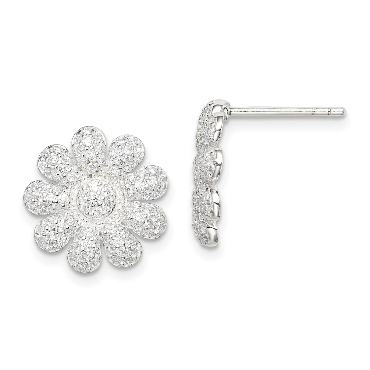 Sterling Silver Daisy Stud Earrings with Cubic Zirconia, Floral Pave Design for Women