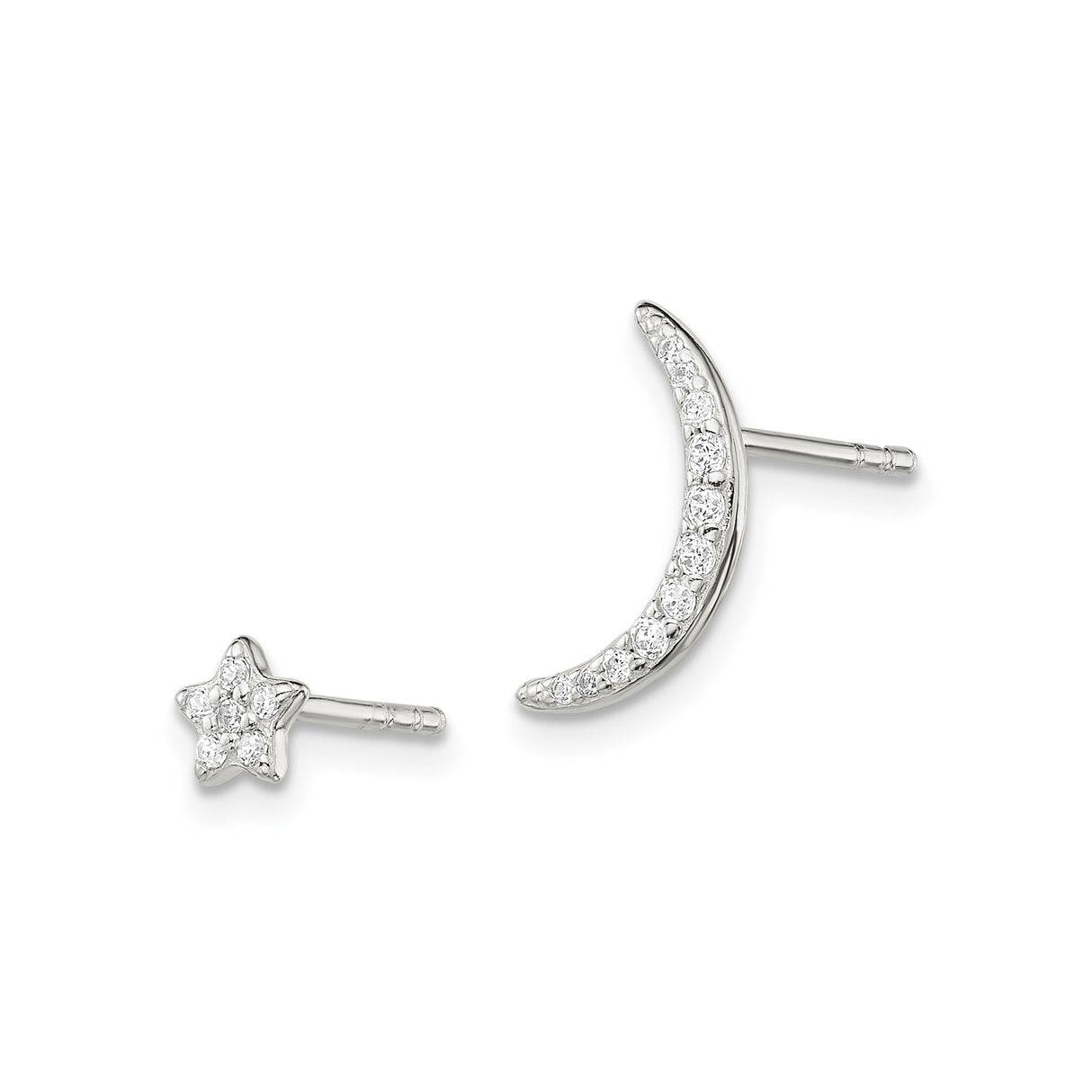 Sterling Silver Crescent Moon and Star Earrings with Clear Crystal Accents, Celestial Studs