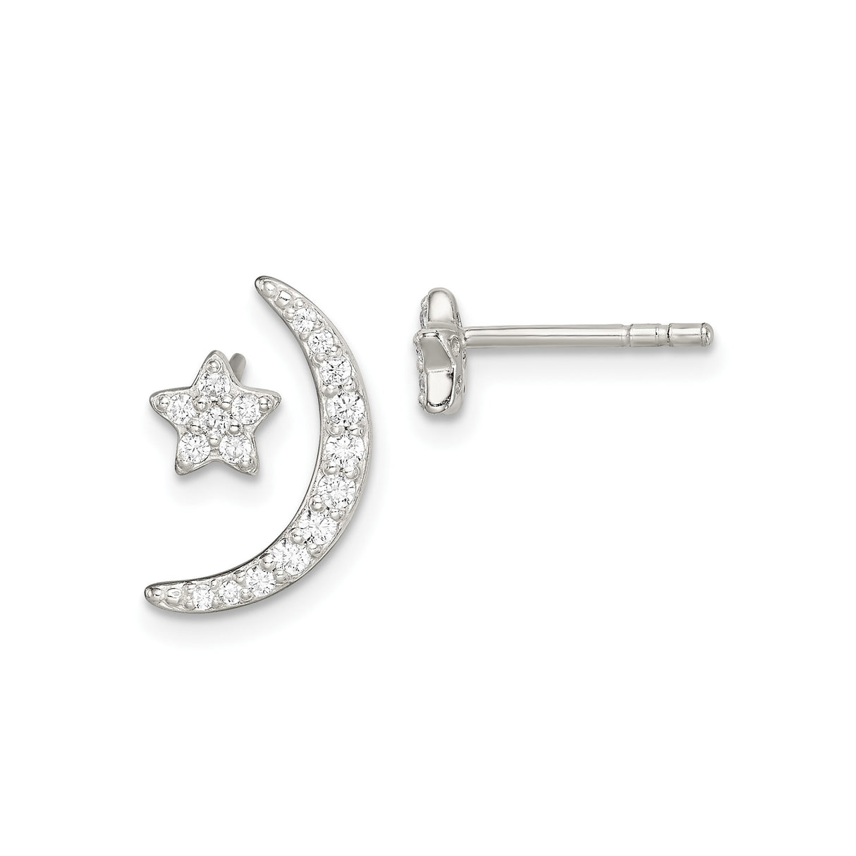 Sterling Silver Crescent Moon and Star Earrings with Clear Crystal Accents, Celestial Studs